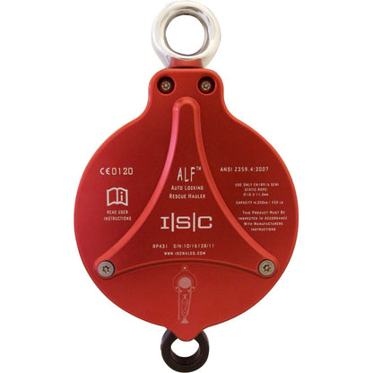 Square-on front view of a red ISC R-ALF RP431 auto-locking rescue hauler pulley.