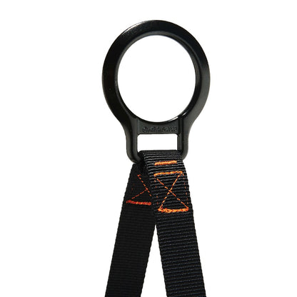 Close-up of the black hoist ring and reinforced black webbing with orange stitching on the gray Ergodyne Arsenal 5960 canvas hoist bucket.