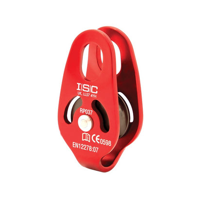 Red ISC RP037A.2 micro pulley in a three-quarter front view, showing the elongated attachment aperture, side plate, and sheave.