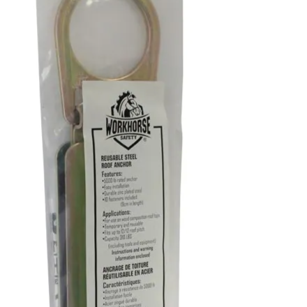 WorkHorse fall protection Roof Anchor can be used on most wood composition roof tops. The anchor is temporary, reusable, and fits up to a 12/12 roof pitch.

5000 lb rated anchor
Easy installation
Durable zinc plated steel
10 fasteners included (9cm in length)
Capacity 310 lbs (including tools and equipment)