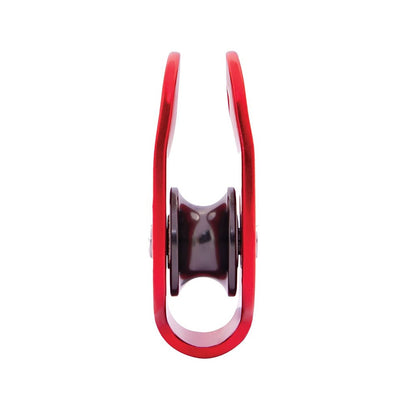 End-on view of the red ISC RP037A.2 micro pulley, showing the black sheave between the fixed red side plates.