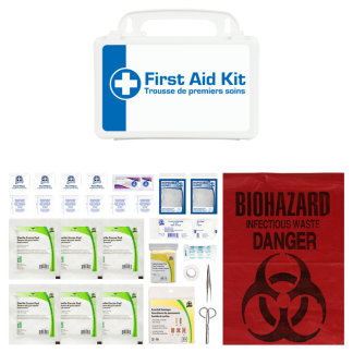 First aid regulations vary by province and other factors such as type of industry, the potential for hazard, proximity to a medical facility, and the number of workers per shift.

CONTENTS

10 Fabric Strip Bandage, 7.5 x 2.2cm
6 Plastic Strip Bandage, 7.5 x 2cm
3 Fabric Knuckle Bandage, 7.5 x 3.75cm
3 Fabric Patch Bandage, Large, 5 x 7.5cm
3 Fabric Fingertip Bandage, Large, 7.5 x 4.5cm
1 Gauze Pads, 7.5 x 7.5cm,12/Bag
2 Compress Bandage, 10 x 10cm
1 BZK Antiseptic Towelettes, 25/Bag
1 Hand Wipes, 6/Bag
1