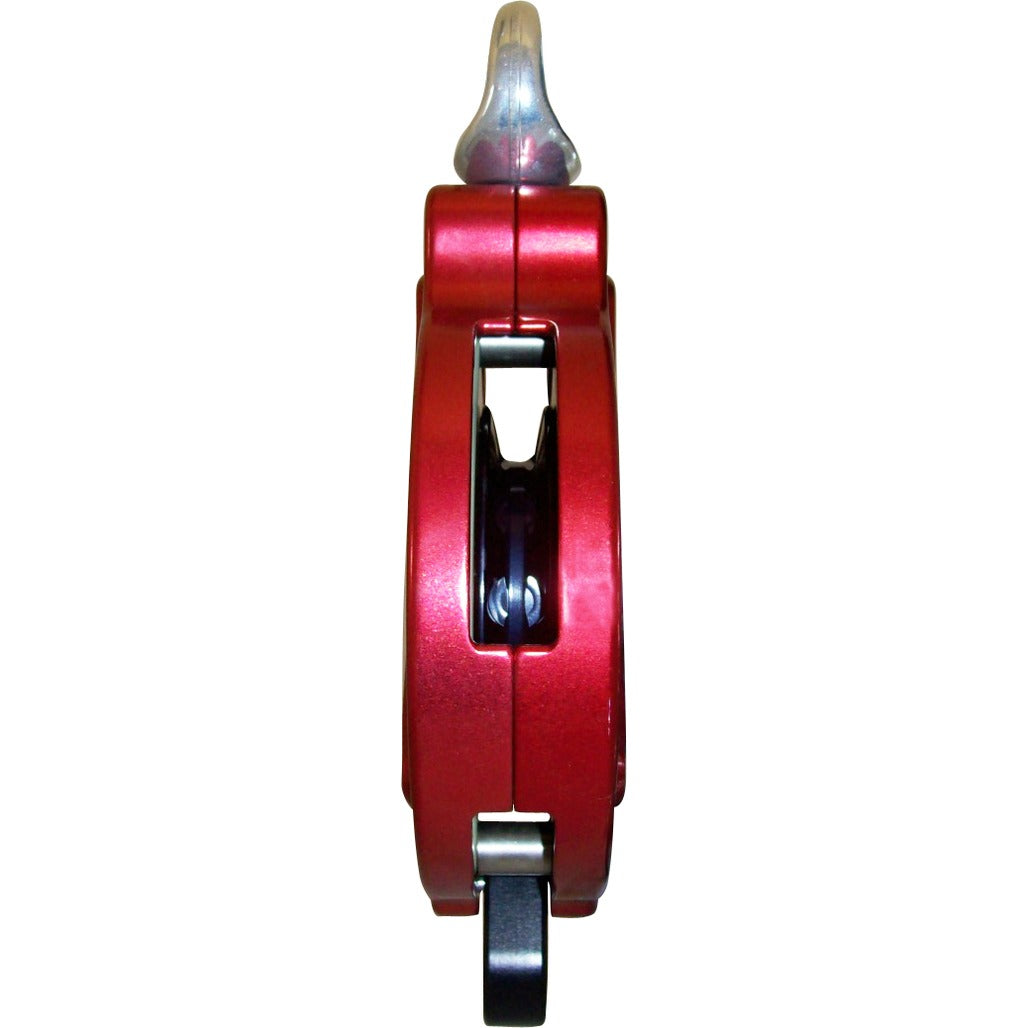 Side profile of a red ISC R-ALF RP431 rescue hauler pulley, showing the sheave channel.