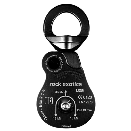 The Omni-Block combines a swivel and pulley into one tool, and incorporates a unique sideplate that opens while the pulley is still attached to the anchor. Available in single and double sheave versions from 1.1" radius up to 2.6".   Click Here to see it in action.   The Omni Swivel Pulley is made the same unique way that many of Rock Exotica products are madefrom solid material. The design and function of the pulley require a strong core from which the sheaves, side plates, and swivel top must connect.