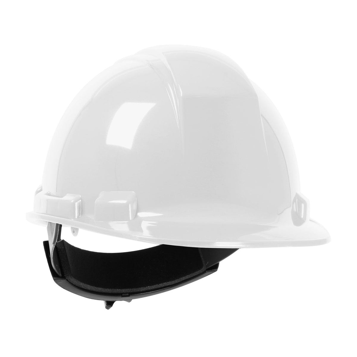 White Dynamic Whistler cap-style hard hat, front three-quarter view with black ratchet suspension visible underneath